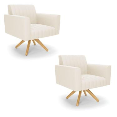 Imagem de Kit 2 Poltronas Giratória Viena Gomada Veludo Bege Base De Madeira Ma30 - D'rossi