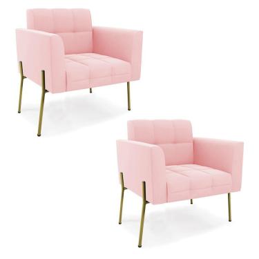 Imagem de Poltrona Pé De Ferro Dourado Para Sala Kit 2 Elisa Suede Rosa Bebê D03 - D'rossi