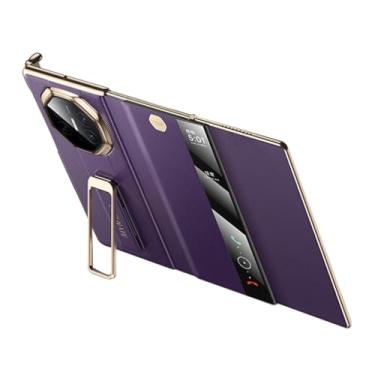 Imagem de HAOMRIYL Capa de couro genuíno para Huawei Mate Xts/XT, suporte de alça de pulso, capa de proteção luxuosa, janela transparente, flip fólio, corpo inteiro, à prova de choque, roxo, Mate XT