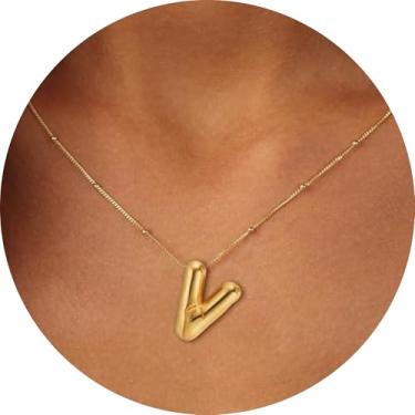 Imagem de Colar feminino com inicial de aço inoxidável banhado a ouro 18K, pingente de letra bolha de A a Z, joia personalizada do alfabeto fofo de A a Z, 18+2in, Aço inoxidável, Sem Pedra Preciosa