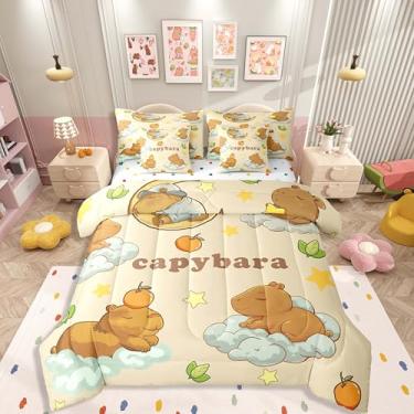 Imagem de Erosebridal Conjunto de cama casal Capybara Dreams de 7 peças, estrelas, animais fofos, para crianças, meninos e meninas, conjunto de edredom com lençol com estampa de nuvem e fantasia sonhadora