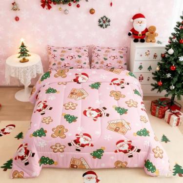 Imagem de Feelyou Conjunto de cama de Natal macio para meninos e meninas, conjunto de edredom de tamanho casal, Papai Noel, edredom de microfibra, árvore de Natal, decoração de quarto, 3 peças com 2 fronhas