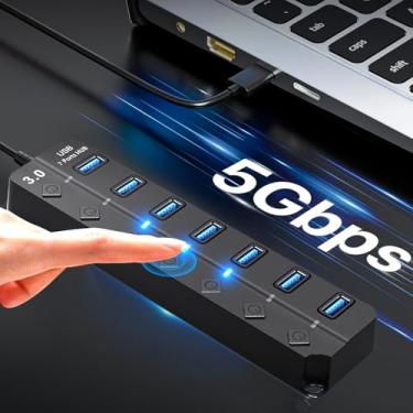 Imagem de Hub USB 7 portas, divisor de hub USB 3.0 com interruptores e luzes individuais de LED liga/desliga, hub USB compatível com MacBook, dados de alta velocidade de 5 Gbps para laptop, Mac, PC, desktop
