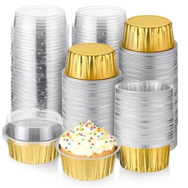 Imagem de IANFAN 200 peças de copos de folha de alumínio com tampas, mini formas de bolo descartáveis de 142 g, molde de pudim, pudim, sobremesa, muffin, creme, brulee, para casamento, aniversário, festa de