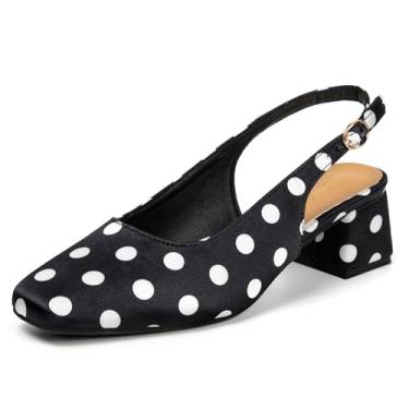 Imagem de qibusleen Sapato feminino de bolinhas com alças nas costas, confortável, salto baixo de cetim, para festa de casamento, formatura, bico quadrado, preto, branco, formal, com tira no tornozelo, escarpim