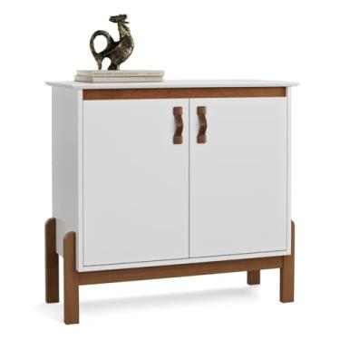 Imagem de Aparador Bancada Hall de Entrada Sala Decoração Buffet Balcão Jantar Armário Cozinha Cantinho do Café 2 Portas com Puxador em Couro Pés Madeira Maciça Retrô Sonetto (Branco/Freijó)