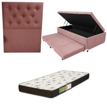 Imagem de Cama Box Baú Solteiro com Auxiliar (Bicama) + Colchão Solteiro Espuma D20 12cm | Kit Completo com Cabeceira Botonê Opcional | Diversas Cores (3, SUEDE ROSA, COM CABECEIRA)