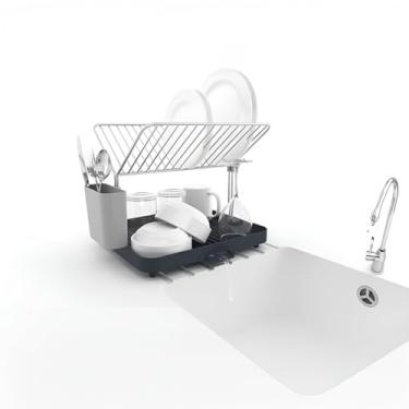 Imagem de Escorredor de Louça Multifuncional, Preto, Plástico e Ferro, 30,2x36,8x28,1cm, Suporte para 15 Pratos, Sistema de Drenagem Lateral, Pés Antiderrapantes