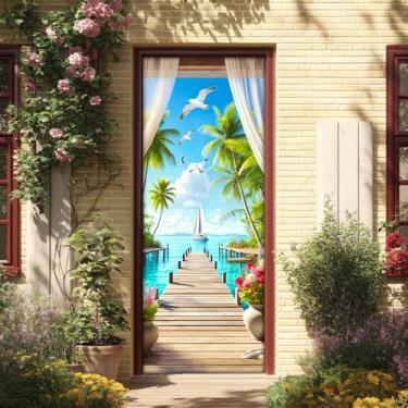 Imagem de HOMETITUTE Adesivo de porta tropical à beira-mar com veleiro palmeiras caminho de madeira e céu azul autoadesivo PVC mural de porta removível para sala de estar quarto decoração de casa 77 x 199 cm