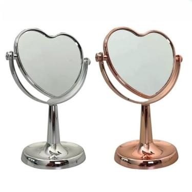 Imagem de Espelho de Mesa Dupla Face 2X Aumento com Estrutura Cromada – Compacto e Elegante para Maquiagem e Cuidados Pessoais (Rose 13cm,Coração em pé)