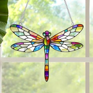 Imagem de Enfeite de acrílico para pendurar libélula – apanhador de sol para pendurar na janela, arte em mosaico, decoração de estilo colorido, presente inspirado na natureza para mãe, avó, casa, jardim e