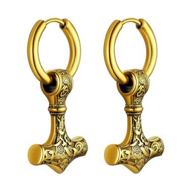 Imagem de OIDEA Brincos de martelo Viking Thor para homens – Brinco de amuleto gótico Mjolnir vintage de aço inoxidável, brincos masculinos, brincos de argola com pingente, joia de presente para homens e
