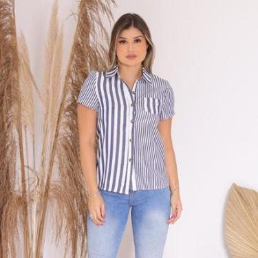 Imagem de Camisa Estampada Listrada com Bolso Frontal e Botões-listrado e Branco-Feminino