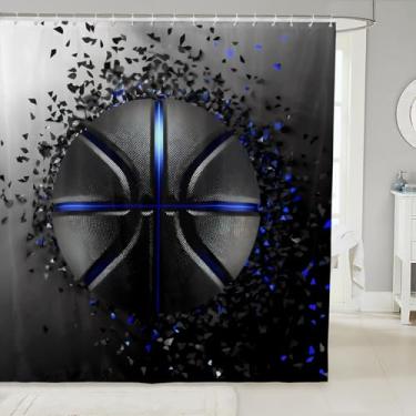 Imagem de Feelyou Cortina de chuveiro de tecido legal de basquete, cortina de chuveiro com tema de bola esportiva, impressão 3D, acessórios à prova d'água com 12 ganchos, cortinas pretas e azuis com glitter,