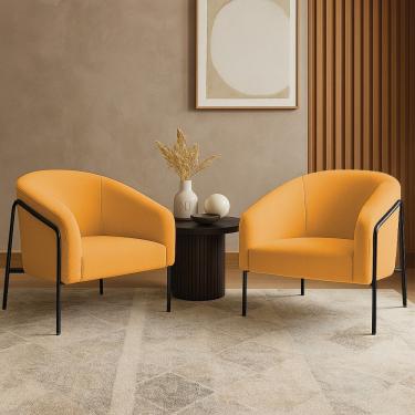 Imagem de Poltrona Sala Industrial Alta Preto Kit 2 Stella Bouclê D03 - D'rossi Cor Mostarda