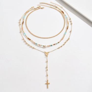 Imagem de Colar com pingente de cruz em camadas para mulheres, colar de corrente de contas com vários fios dourados, conjunto de gargantilha com pingente de pérola boho