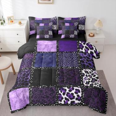 Imagem de Conjunto de cama casal com estampa de leopardo roxo, 7 peças, textura de pele de animal, conjunto de cama geométrica de patchwork, inclui edredom, conjunto de lençol, fronhas e fronhas, decoração de