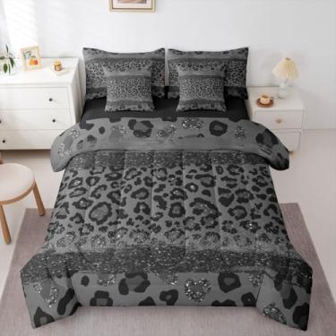 Imagem de Feelyou Jogo de cama Queen com estampa animal de leopardo, preto, fofo, 7 peças, para crianças, meninos, meninas, cama de guepardo, em uma bolsa com edredom, lençóis, fronhas, capas de almofada