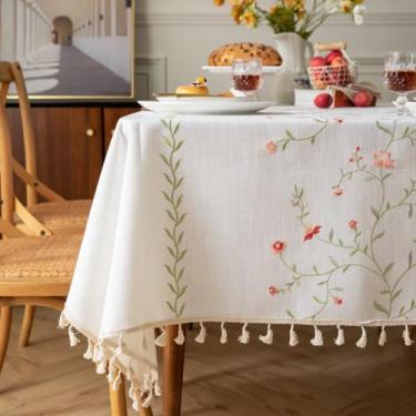 Imagem de Toalha de mesa floral para mesas retangulares toalha de mesa rústica de tecido de fazenda, bordada, pesada, com borlas, sem rugas, lavável para decoração de festa na cozinha, verde, 140 x 200 cm