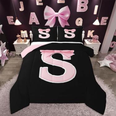 Imagem de jejeloiu Conjunto de edredom Kawaii com laço rosa, presente para mulheres, adolescentes, tamanho Queen, conjunto de cama com monograma preto e rosa, ultramacio, personalizado, letra P, edredom