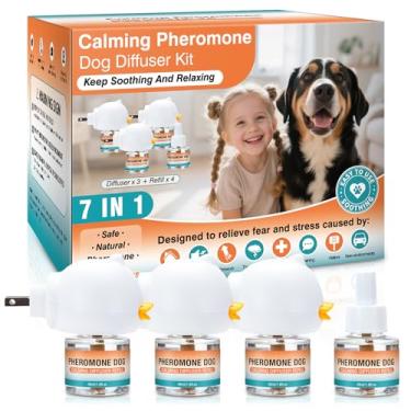 Imagem de Difusor de feromônios calmantes para cães para acalmar animais de estimação 7 em 1 kit avançado difusor de feromônios apaziguador para alívio da ansiedade (3 plugues + 4 pacotes de refil de 48 ml