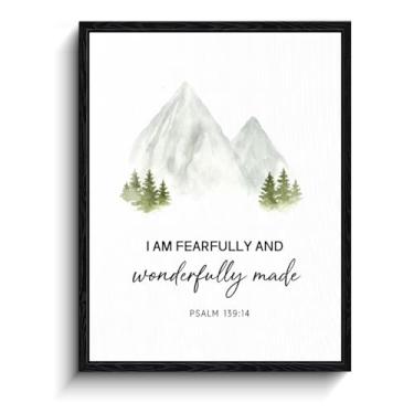 Imagem de Montanhas em aquarela com sempre-vivas, "I am fearfully and wonderfully made" Salmo 139:14, decoração de parede cristã, arte de parede emoldurada fosca para berçário, presente de batismo de bebê, 20 x