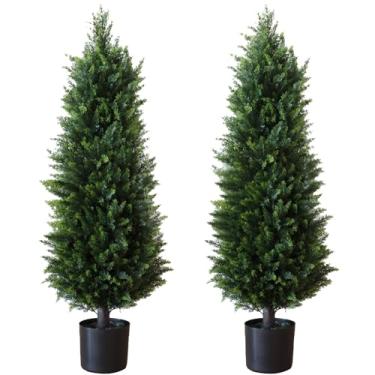 Imagem de Conjunto de dois, árvore de topiária de cedro artificial de 116 cm, para decoração interna e externa, arbustos em vaso com proteção UV para porta da frente, árvore bonita e realista (116 cm)