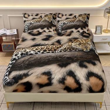 Imagem de AILONEN Lençol solteiro com estampa de leopardo, estampa de chita marrom para decoração de quarto, lençol com tema animal safári africano com 2 fronhas, 3 peças