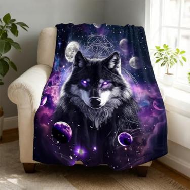 Imagem de Cobertor de lã de lobo roxo espacial 101,6 x 127 cm para sofá cama, cobertor de flanela de microfibra super macio e aconchegante leve para mulheres, homens e crianças