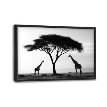 Imagem de Arte de parede de girafa, decoração de parede com imagens de girafas pretas e brancas, pinturas impressas em tela de animais selvagens africanas, arte emoldurada grande para sala de estar, quarto