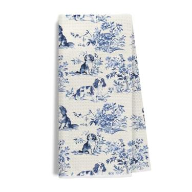 Imagem de Evcprz Chinoiserie Cavalier King Charles Spaniel Toalhas de cozinha, prato de cachorro azul e branco toalha de chá para cozinha, King Cavalier Spaniel Grand Millenial toalhas de mão decorativas para