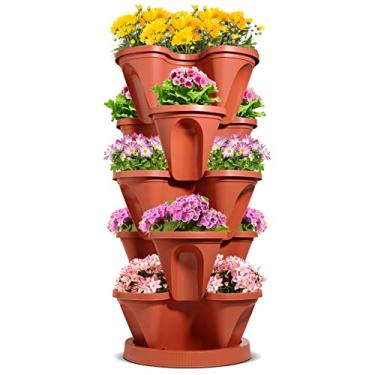 Imagem de T4U Vaso vertical grande de torre de jardim, 5 níveis - Vaso de ervas empilhável de plástico empilhável em camadas, torre de cultivo empilhável, vaso de jardinagem para varanda interna e externa