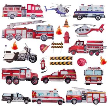 Imagem de Adesivos de parede de veículos de construção - caminhão de bombeiros, ambulância, helicóptero, decalques de descascar e colar de carro de polícia, 27 peças/4 folhas, decoração de vinil autoadesivo