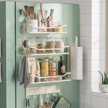 Imagem de Pacote com 5 prateleiras magnéticas multifuncionais para prateleira de temperos de geladeira e organização de máquina de lavar, inclui suporte de toalha de papel, cabide de utensílios de cozinha e