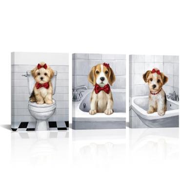 Imagem de sechars Arte de parede de cães de banheiro gravata borboleta pintura em tela animais engraçados decoração de banheiro 30 x 40 cm x 7 cm (vermelho)