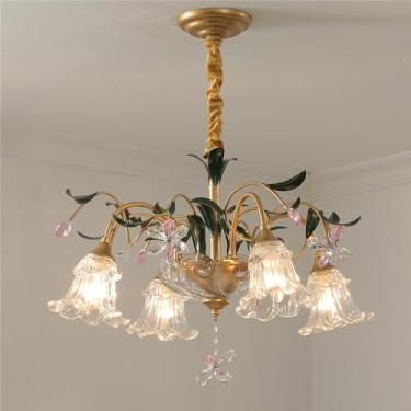 Imagem de Lustre Pastoral Francês com Flores Americanas - Luminária Pendente Decorativa LED para Sala de Estar, Restaurante, Quarto, Villa, Café, Loja de Roupas e Casa (D 4 Lâmpadas)