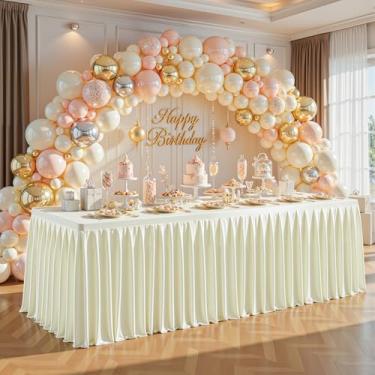 Imagem de Toalhas de mesa de cetim marfim de 1,2 m para mesas retangulares – Capa de mesa de festa de elastano brilhante com saia de mesa plissada, toalha de mesa de casamento sem rugas e brilhante, peça única