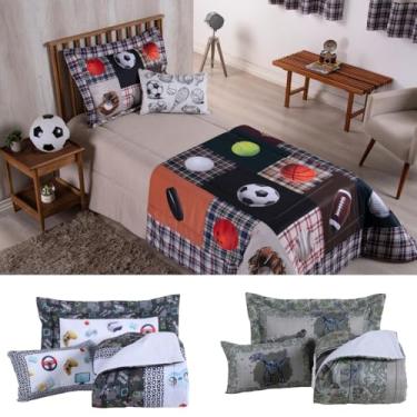 Imagem de Kit 4 Pçs Edredom Boy Solteiro Infantil e Juvenil 300 fios 2,50x1,90m Estampa Digital Dinos