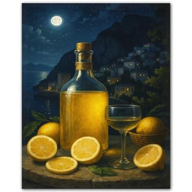 Imagem de ZUKIY Pôster Limoncello Dreams of Amalfi Lemon - Impressão de decoração de parede de cozinha italiana com fruteira e costa - Arte em tela de limão sem moldura 20 x 25 cm - Arte de comida para sala de