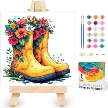 Imagem de Kit de pintura emoldurada por números para adultos iniciantes e crianças de 8 a 12 anos, kits de pintura por números de botas de cowboy para adultos em tela emoldurada com cavalete, kits de pintura a