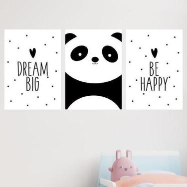Imagem de Kit 3 Quadros Panda Dream Big Be Happy 45X34 Moldura Branca - Quadros 