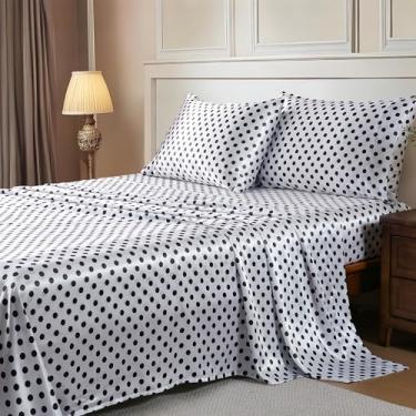 Imagem de MR&HM Jogo de lençóis de cetim com tiras elásticas no canto, conjunto de lençóis king size, 4 peças de seda com bolso profundo de 38 cm para colchão (king, bolinhas)