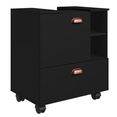 Imagem de Gabinete Armário Banheiro Pia De Coluna Seul Com Rodízios 2 Portas(PRETO)