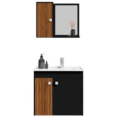 Imagem de Gabinete Kit Completo Com Pia de Mármore Sintético e Armário Com Espelho (PRETO/3D RIPADO)