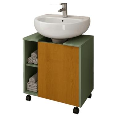 Imagem de Armario Gabinete Para Banheiro Pia Lavatorio de Coluna Com 6 Nichos Prateleira com Porta e Rodinhas(Pistache/Nature)