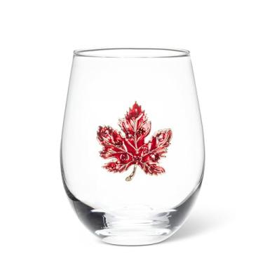Imagem de Abbott Collection Taça de vinho sem haste com folha de bordo de joia - vidro/metal, transparente/vermelho, 11,4 cm A (453 g)