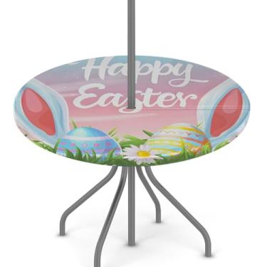 Imagem de hongjinglin Toalha de mesa de Páscoa para uso ao ar livre com orifício para guarda-chuva, toalha de mesa redonda elástica com zíper, impermeável, limpável, para piquenique, festa, pátio, serve para