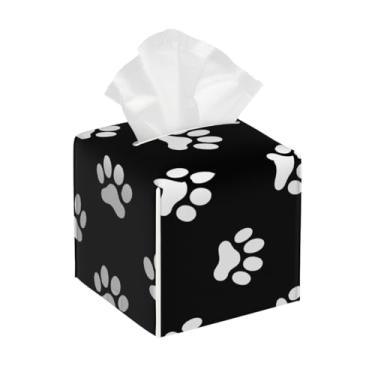 Imagem de Capa quadrada de couro para caixa de lenços à prova d'água, estampa de pata, organizador de papel facial preto fofo com cinto inferior, estojo de lenços para mesa, banheiro, escritório, mesa, carro