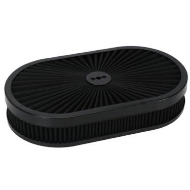 Imagem de PTNHZ Conjunto de filtro oval de purificador de ar de 38 cm x 5 cm, pescoço de carburador com tampa de fluxo cromado de alto fluxo compatível com GMC Chevy Ford Chryler Dodge (preto)