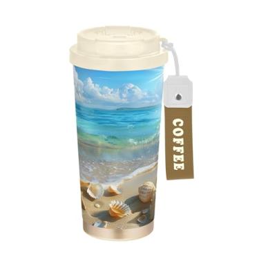 Imagem de SEHANY Caneca de viagem Summer Sea Beach Starfish 482 g Copos de café reutilizáveis revestidos de cerâmica com tampa à prova de vazamento, parede dupla, isolamento a vácuo, copo de café de aço